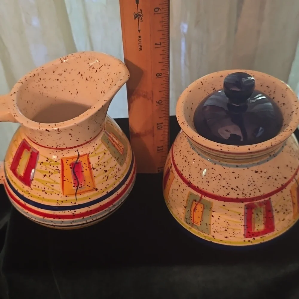 Pfaltzgraff Sugar‎ Creamer Set Sedona Pattern Cream Red Yellow Blue